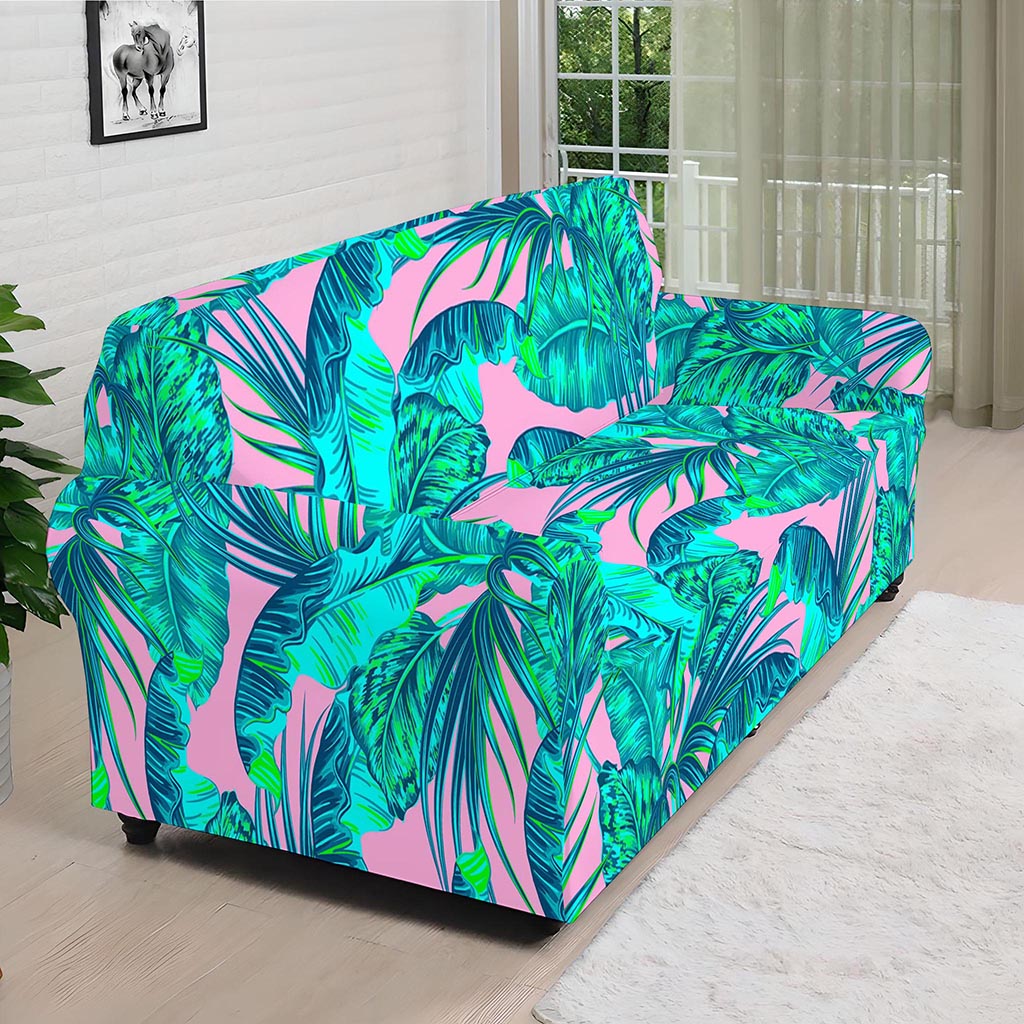 Pink Teal Tropical Leaf Pattern Print Sofa Cover