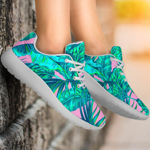 Pink Teal Tropical Leaf Pattern Print Sport Shoes GearFrost