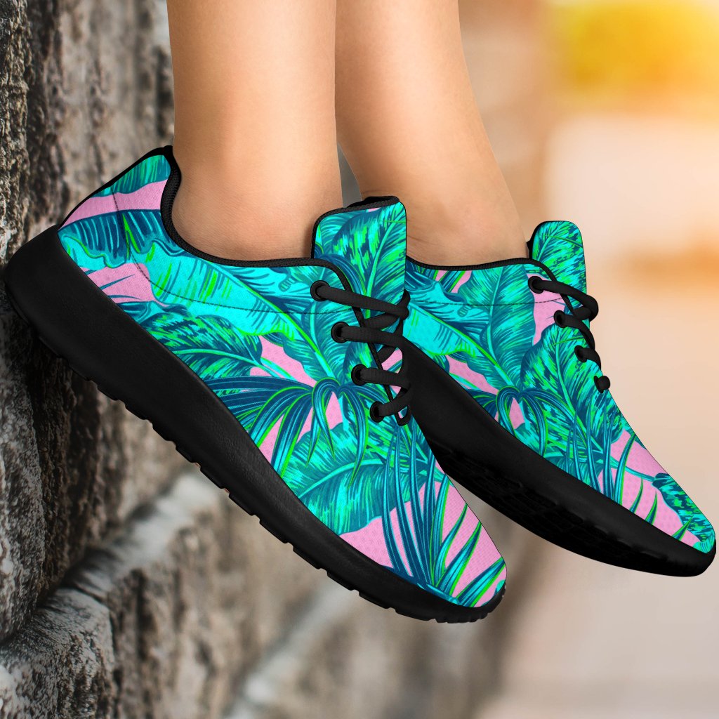 Pink Teal Tropical Leaf Pattern Print Sport Shoes GearFrost