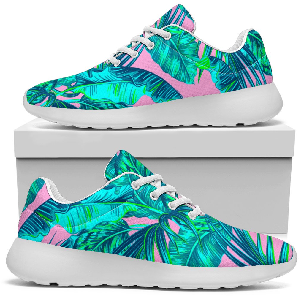 Pink Teal Tropical Leaf Pattern Print Sport Shoes GearFrost