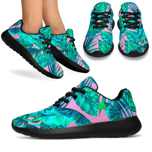 Pink Teal Tropical Leaf Pattern Print Sport Shoes GearFrost