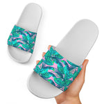 Pink Teal Tropical Leaf Pattern Print White Slide Sandals