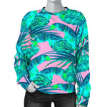 Pink Teal Tropical Leaf Pattern Print Women's Crewneck Sweatshirt GearFrost