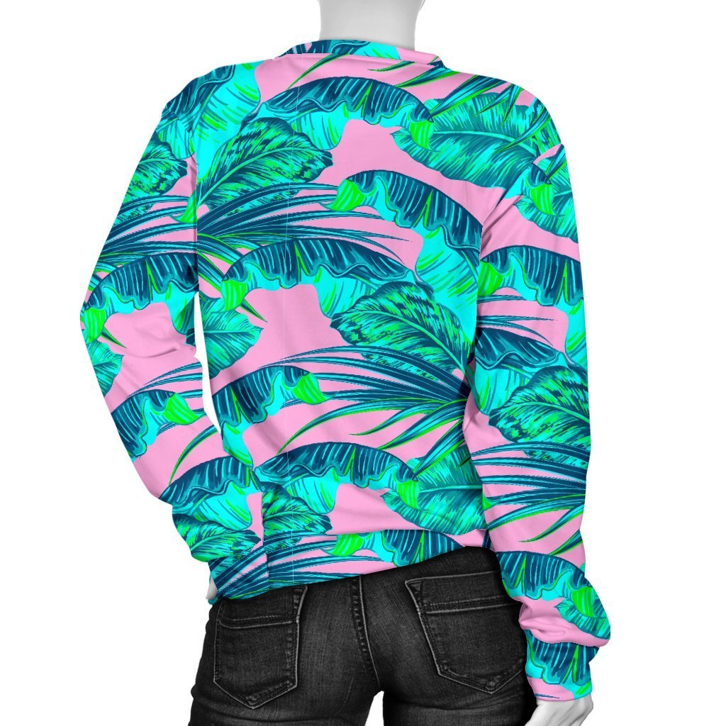 Pink Teal Tropical Leaf Pattern Print Women's Crewneck Sweatshirt GearFrost