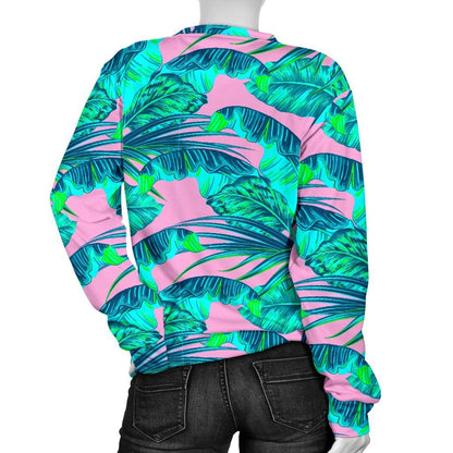 Pink Teal Tropical Leaf Pattern Print Women's Crewneck Sweatshirt GearFrost