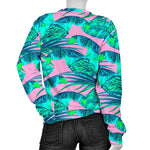 Pink Teal Tropical Leaf Pattern Print Women's Crewneck Sweatshirt GearFrost