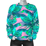 Pink Teal Tropical Leaf Pattern Print Women's Crewneck Sweatshirt GearFrost