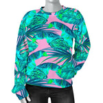 Pink Teal Tropical Leaf Pattern Print Women's Crewneck Sweatshirt GearFrost