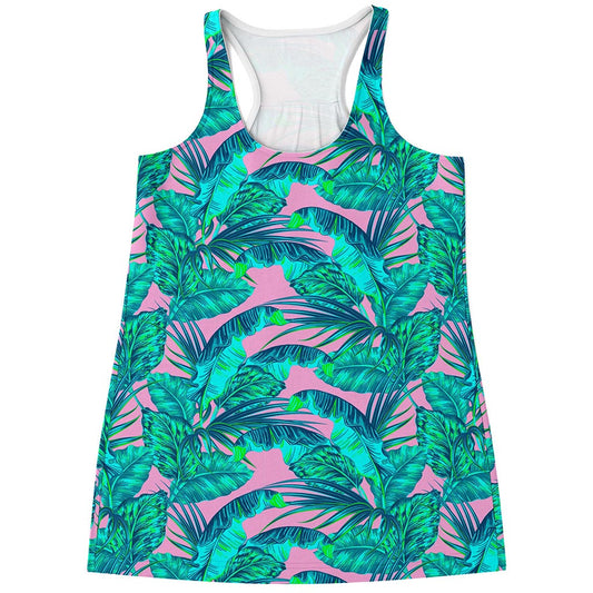 Pink Teal Tropical Leaf Pattern Print Women's Racerback Tank Top