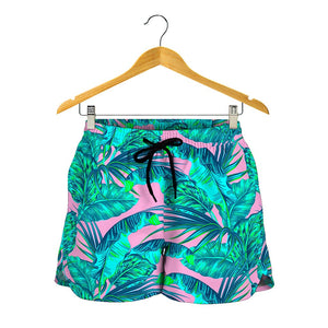 Pink Teal Tropical Leaf Pattern Print Women's Shorts