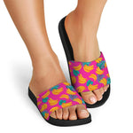 Pink Tropical Banana Pattern Print Black Slide Sandals