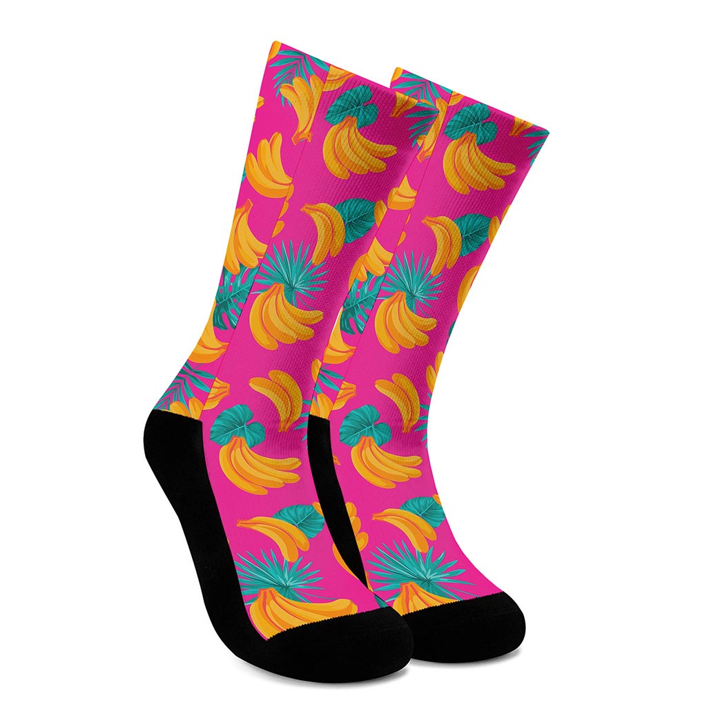 Pink Tropical Banana Pattern Print Crew Socks