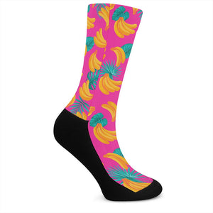 Pink Tropical Banana Pattern Print Crew Socks