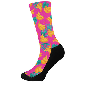 Pink Tropical Banana Pattern Print Crew Socks