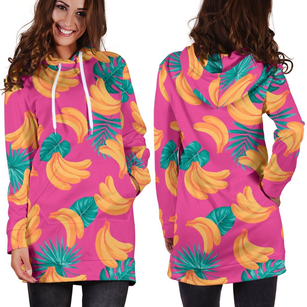 Pink Tropical Banana Pattern Print Hoodie Dress GearFrost