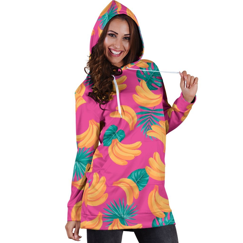 Pink Tropical Banana Pattern Print Hoodie Dress GearFrost
