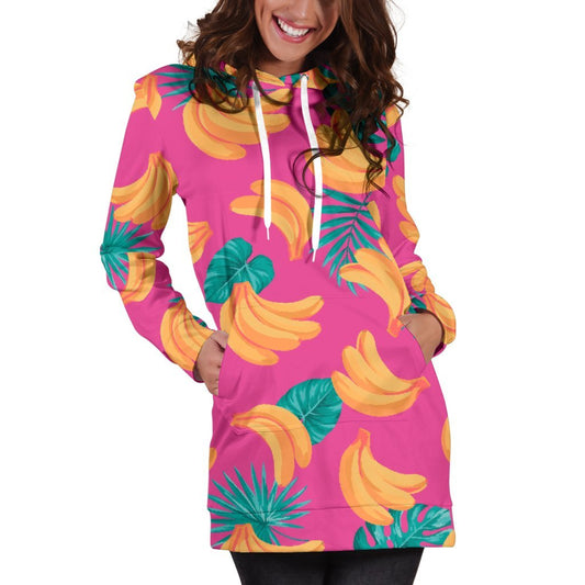 Pink Tropical Banana Pattern Print Hoodie Dress GearFrost