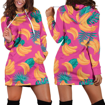 Pink Tropical Banana Pattern Print Hoodie Dress GearFrost
