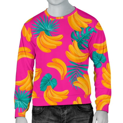 Pink Tropical Banana Pattern Print Men's Crewneck Sweatshirt GearFrost