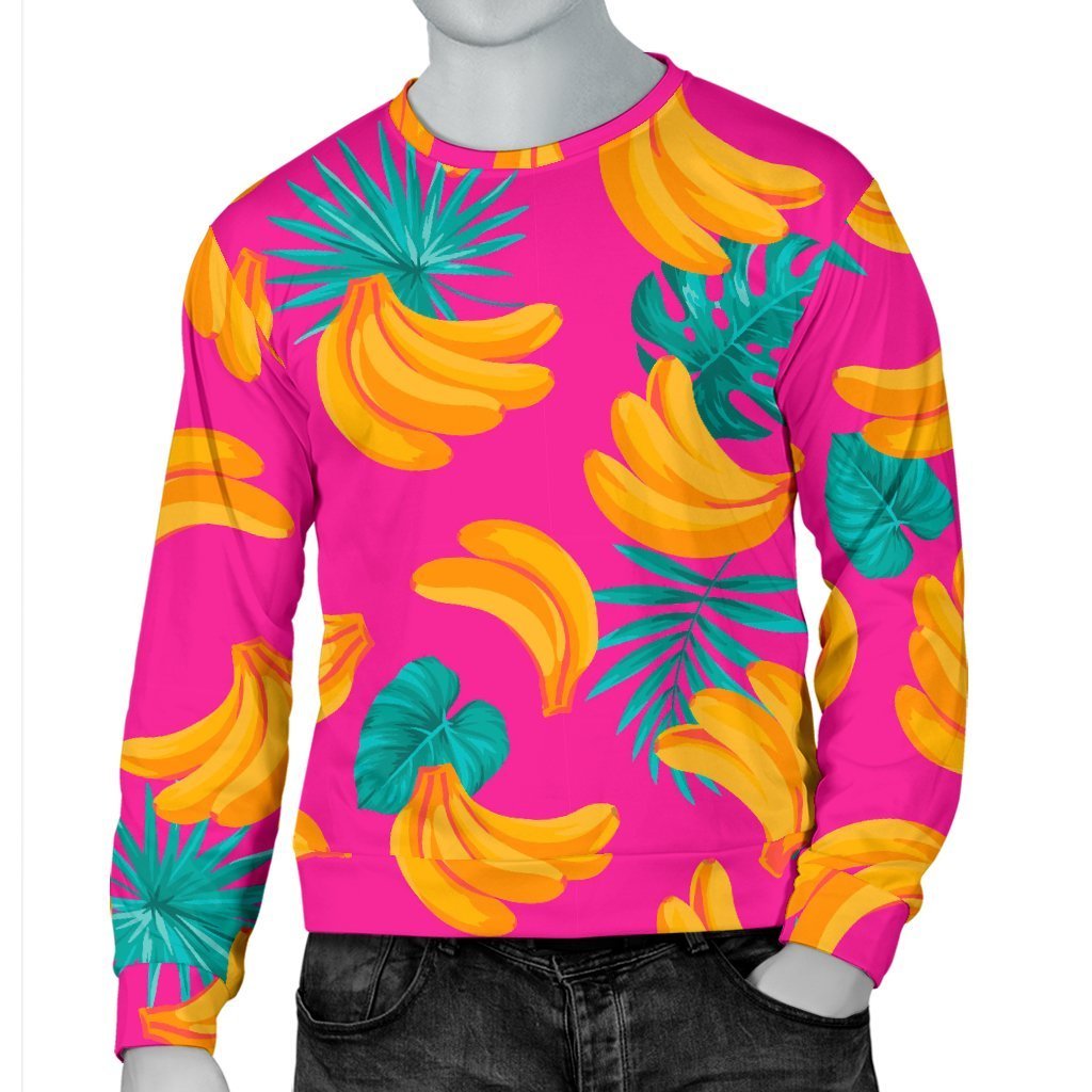 Pink Tropical Banana Pattern Print Men's Crewneck Sweatshirt GearFrost