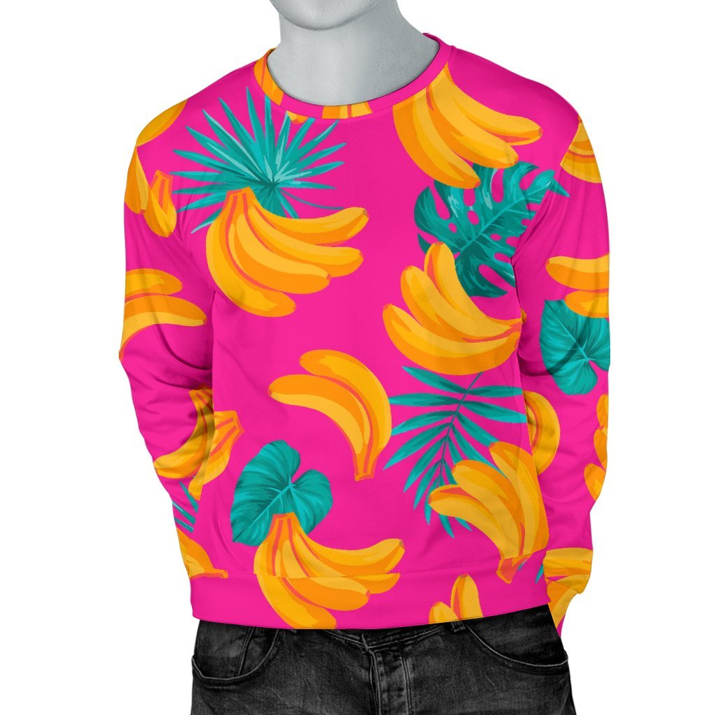 Pink Tropical Banana Pattern Print Men's Crewneck Sweatshirt GearFrost