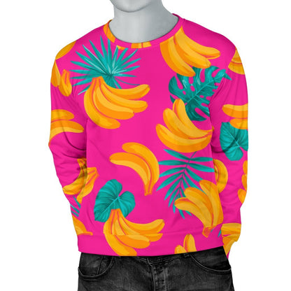Pink Tropical Banana Pattern Print Men's Crewneck Sweatshirt GearFrost
