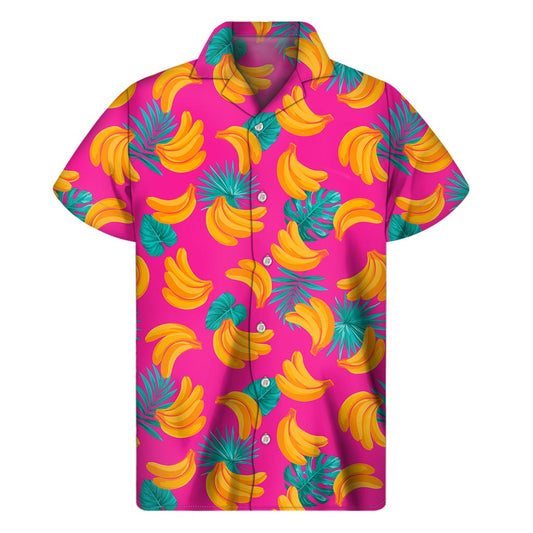 Pink Tropical Banana Pattern Print Men's Short Sleeve Shirt