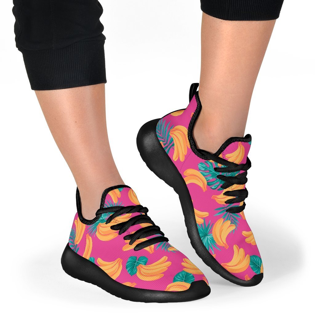 Pink Tropical Banana Pattern Print Mesh Knit Shoes GearFrost