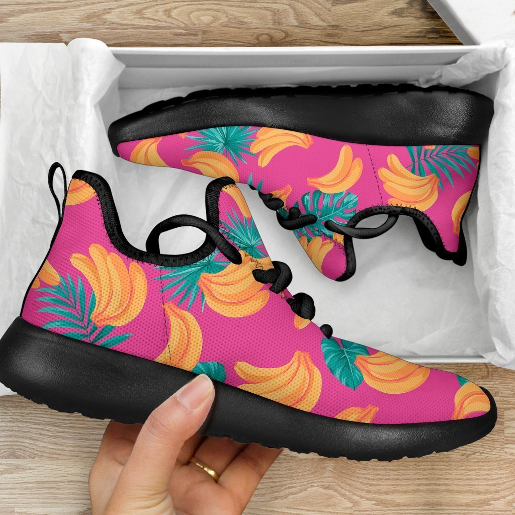 Pink Tropical Banana Pattern Print Mesh Knit Shoes GearFrost