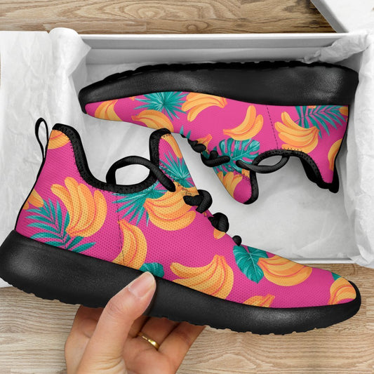 Pink Tropical Banana Pattern Print Mesh Knit Shoes GearFrost