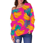 Pink Tropical Banana Pattern Print Off Shoulder Sweatshirt GearFrost