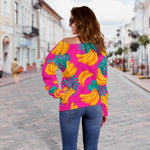 Pink Tropical Banana Pattern Print Off Shoulder Sweatshirt GearFrost