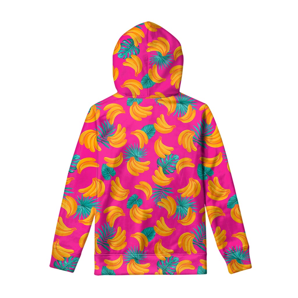 Pink Tropical Banana Pattern Print Pullover Hoodie