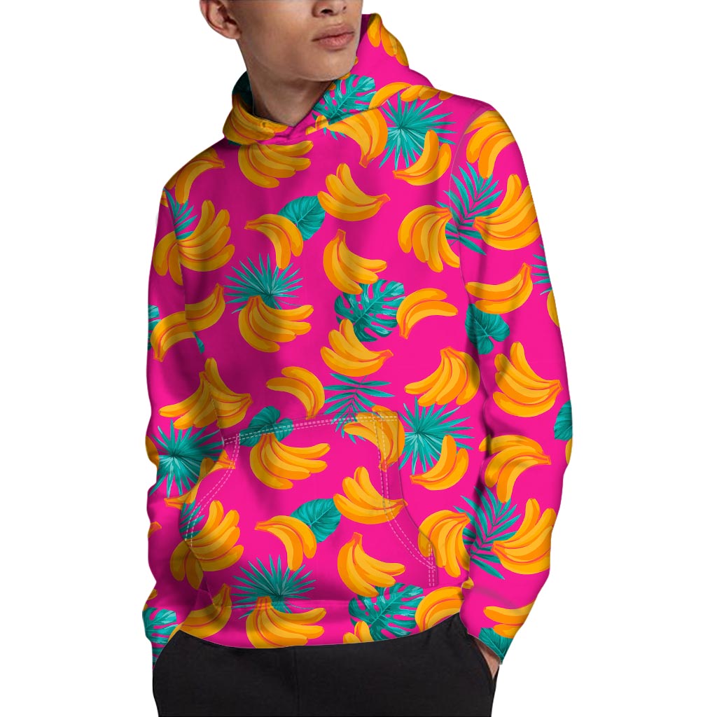 Pink Tropical Banana Pattern Print Pullover Hoodie