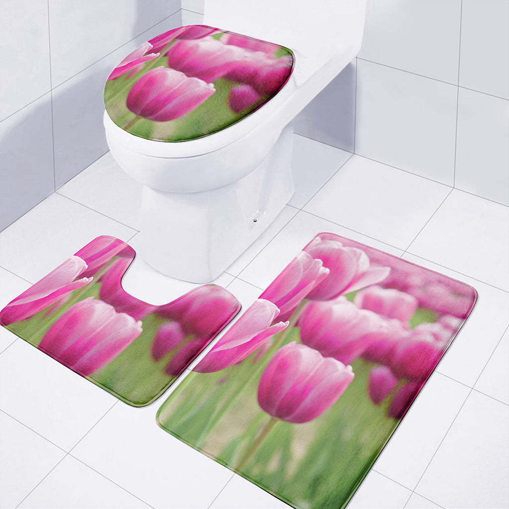 Pink Tulip Print 3 Piece Bath Mat Set