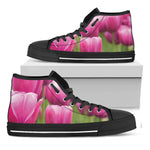 Pink Tulip Print Black High Top Shoes