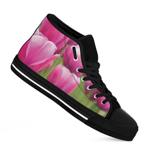 Pink Tulip Print Black High Top Shoes