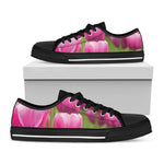 Pink Tulip Print Black Low Top Shoes