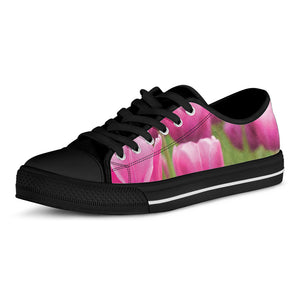 Pink Tulip Print Black Low Top Shoes