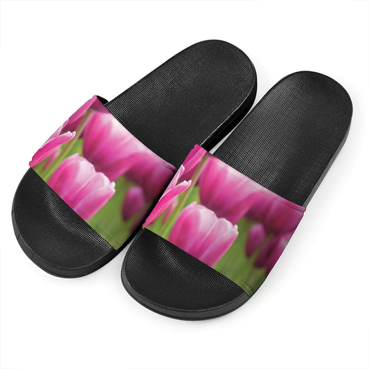 Pink Tulip Print Black Slide Sandals