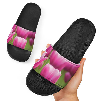 Pink Tulip Print Black Slide Sandals