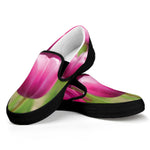 Pink Tulip Print Black Slip On Shoes