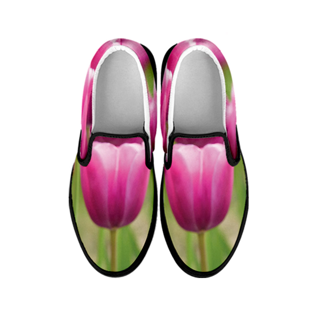 Pink Tulip Print Black Slip On Shoes