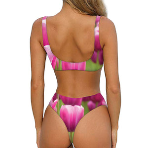 Pink Tulip Print Front Bow Tie Bikini