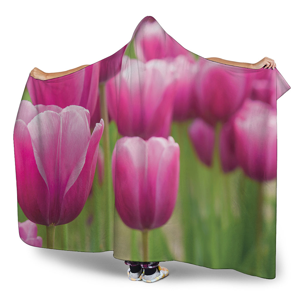 Pink Tulip Print Hooded Blanket