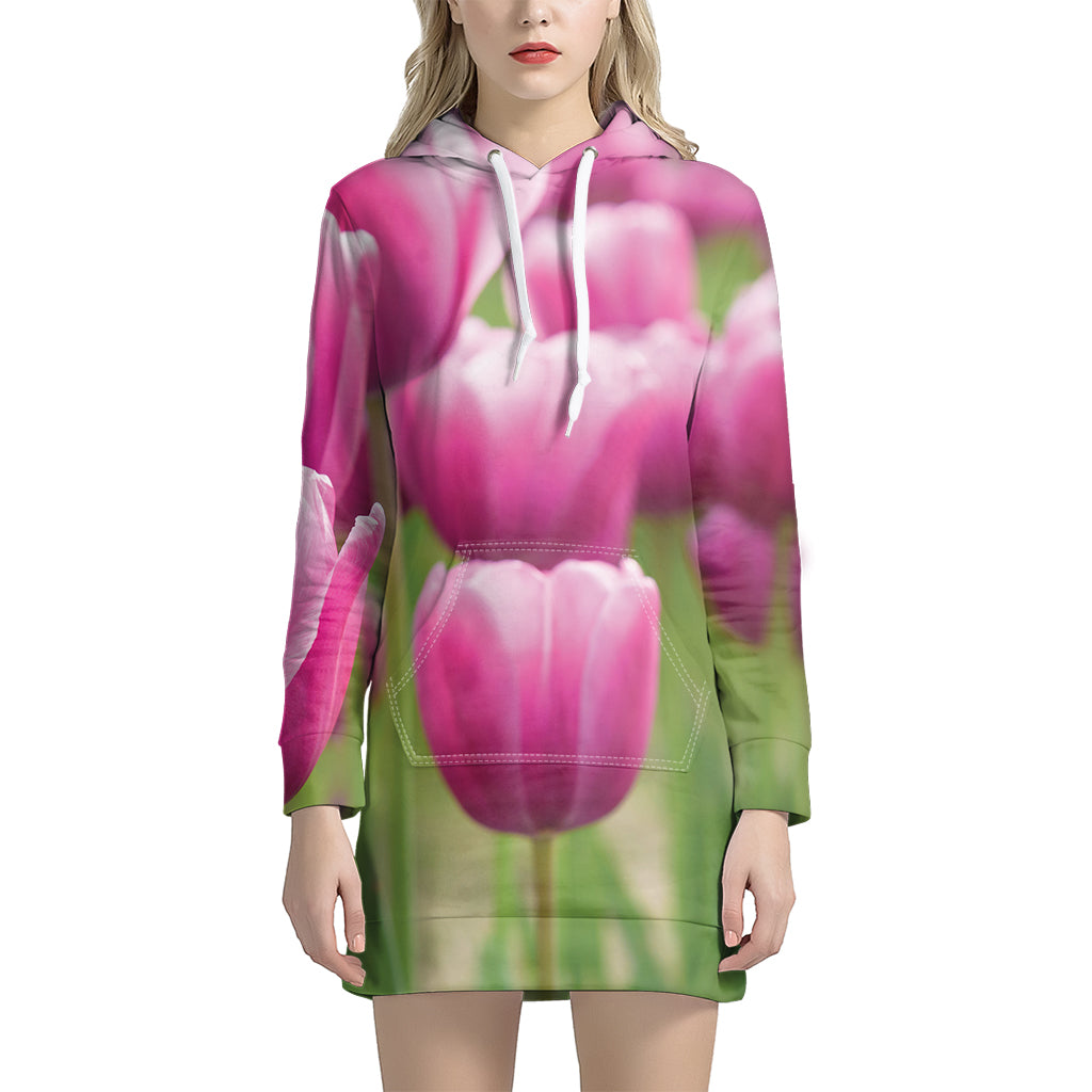 Pink Tulip Print Hoodie Dress