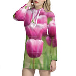 Pink Tulip Print Hoodie Dress