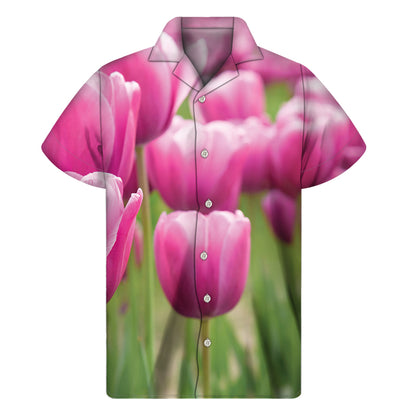 Pink Tulip Print Men's Short Sleeve Shirt