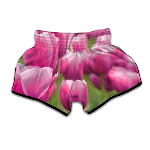 Pink Tulip Print Muay Thai Boxing Shorts