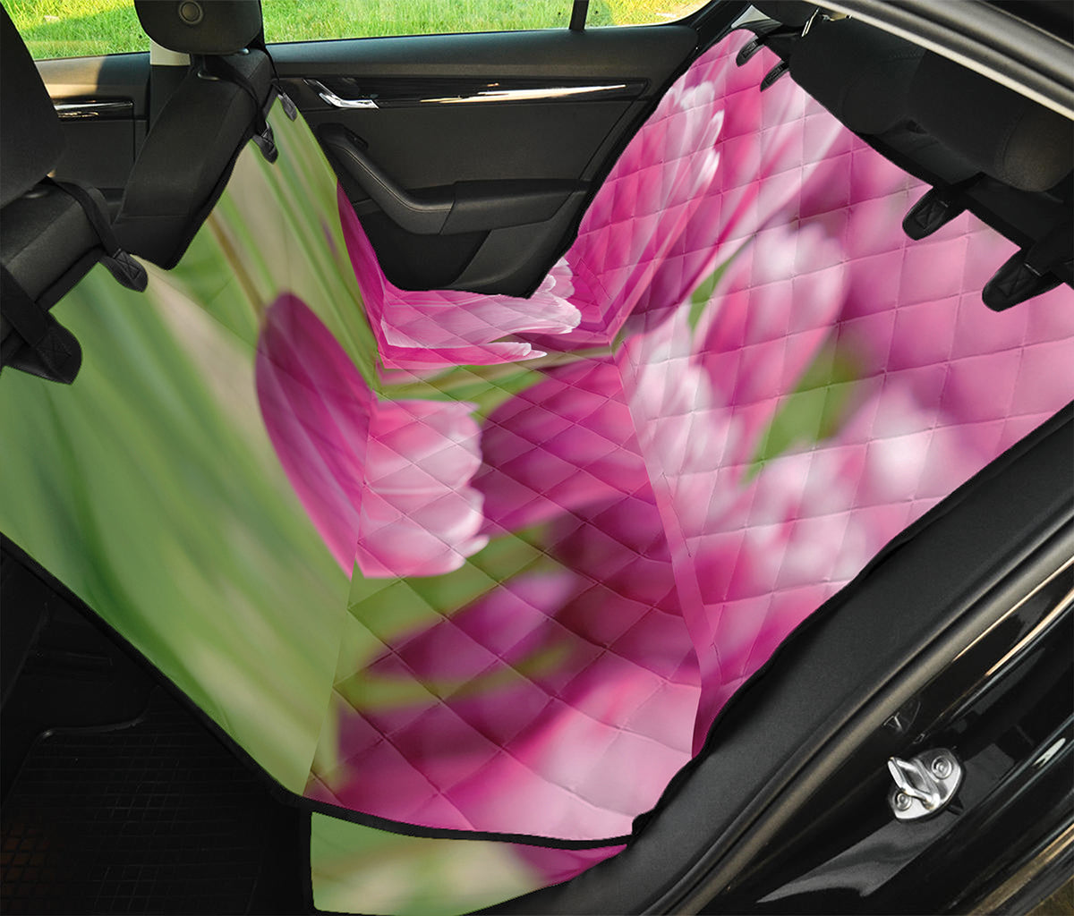 Pink Tulip Print Pet Car Back Seat Cover